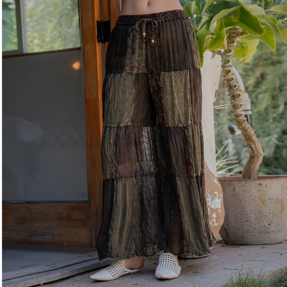 Young Threads Wide Leg Patchwork Boho Pants in Olive Green